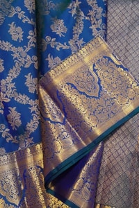Navy Blue Banarasi Soft Silk Saree with Gold Zari Floral Jaal and Teal Contrast Edge  in Surat