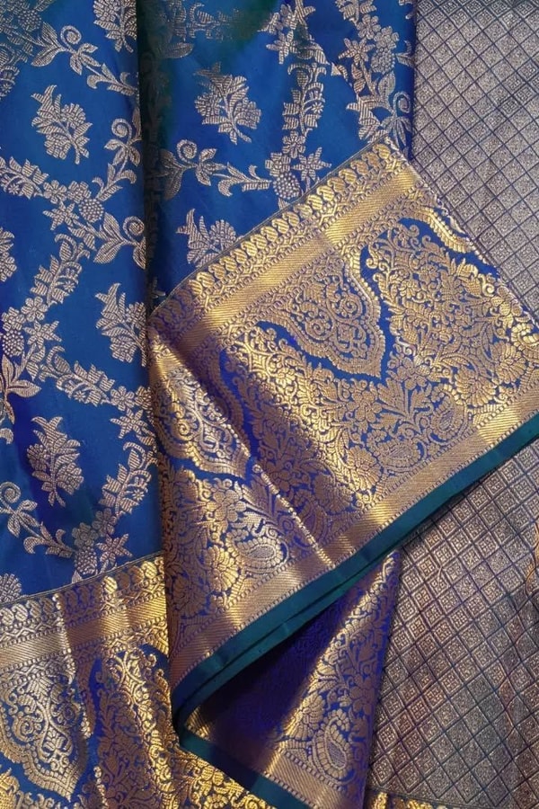 Navy Blue Banarasi Soft Silk Saree with Gold Zari Floral Jaal and Teal Contrast Edge  in Surat
