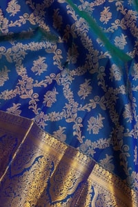 Navy Blue Banarasi Soft Silk Saree with Gold Zari Floral Jaal and Teal Contrast Edge  in Surat