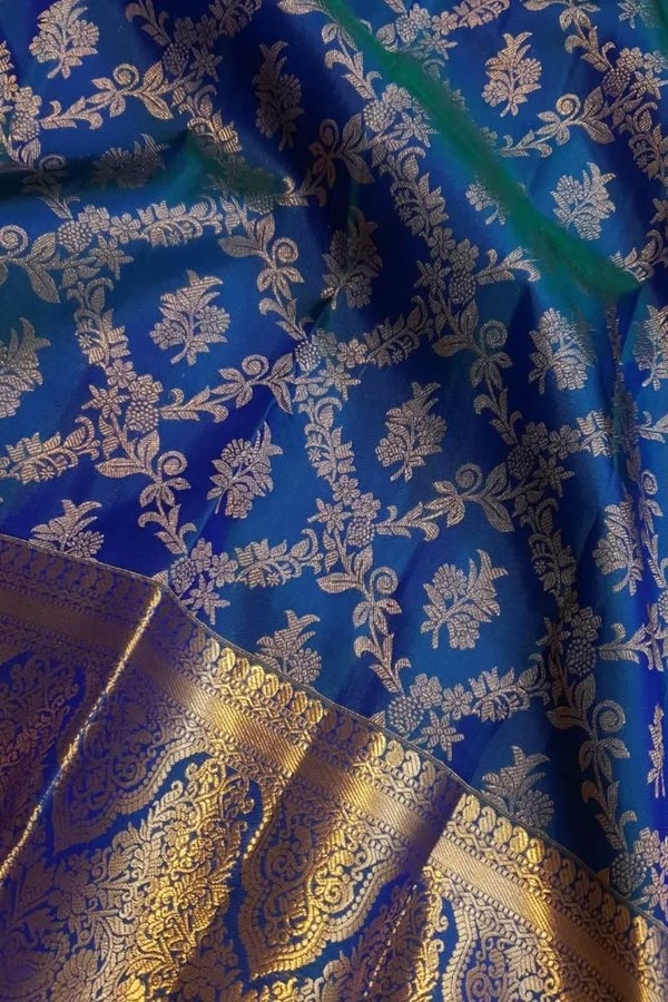 Navy Blue Banarasi Soft Silk Saree with Gold Zari Floral Jaal and Teal Contrast Edge  in Surat