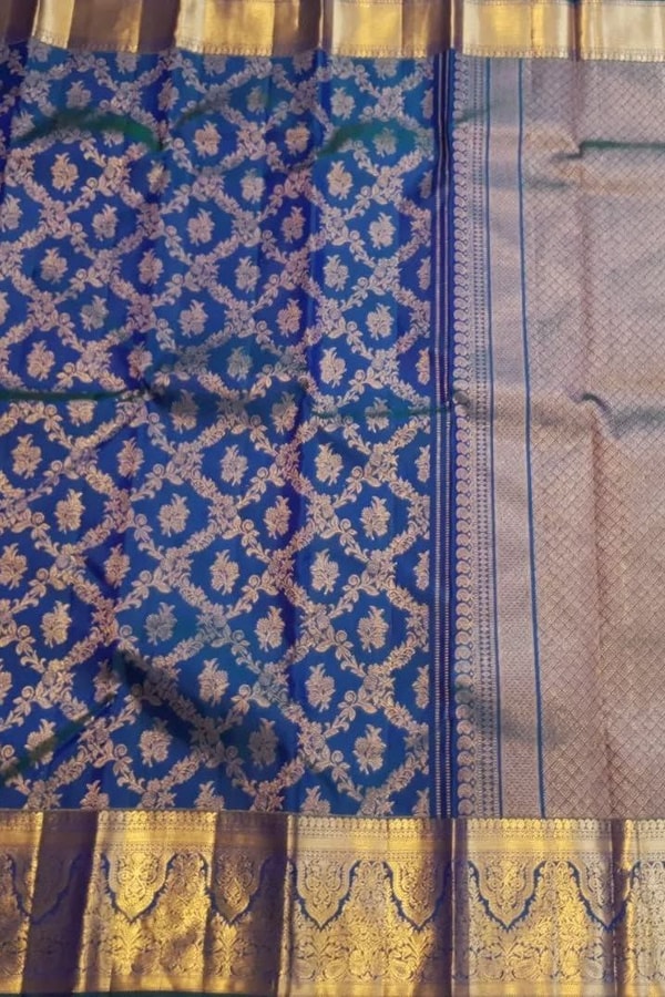Navy Blue Banarasi Soft Silk Saree with Gold Zari Floral Jaal and Teal Contrast Edge  in Surat