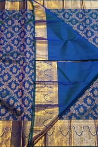 Navy Blue Banarasi Soft Silk Saree with Gold Zari Floral Jaal and Teal Contrast Edge  in Surat