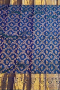 Navy Blue Banarasi Soft Silk Saree with Gold Zari Floral Jaal and Teal Contrast Edge  in Surat