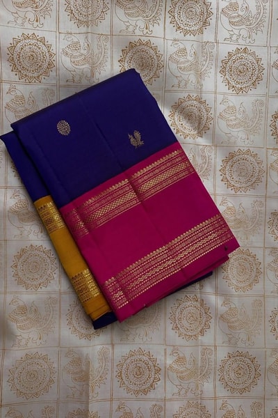 Navy Blue Banarasi Soft Silk Saree with Magenta Zari Border and Striped Pallu in Surat