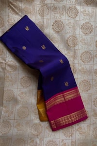 Navy Blue Banarasi Soft Silk Saree with Magenta Zari Border and Striped Pallu  in Surat