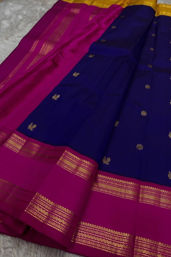Navy Blue Banarasi Soft Silk Saree with Magenta Zari Border and Striped Pallu  in Surat