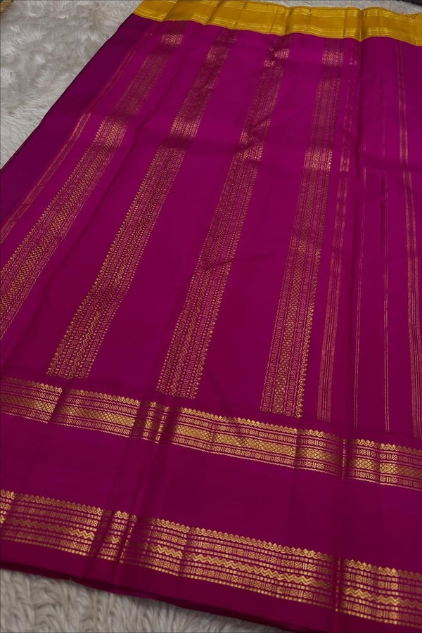 Navy Blue Banarasi Soft Silk Saree with Magenta Zari Border and Striped Pallu  in Surat