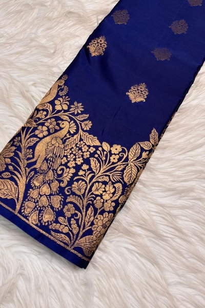 Navy Blue Banarasi Soft Silk Saree with Peacock Garden Zari Border and Sea Green Pallu in Surat