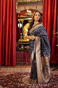 Navy Blue Banarasi Soft Silk Saree with Silver Zari Buttis and Large Paisley Motif Pallu  in Surat