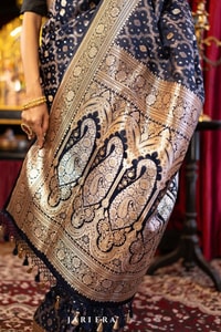 Navy Blue Banarasi Soft Silk Saree with Silver Zari Buttis and Large Paisley Motif Pallu  in Surat