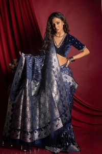 Navy Blue Banarasi Soft Silk Saree with Silver Zari Figurative Weave and Shimmering Pallu  in Surat