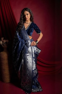 Navy Blue Banarasi Soft Silk Saree with Silver Zari Figurative Weave and Shimmering Pallu  in Surat