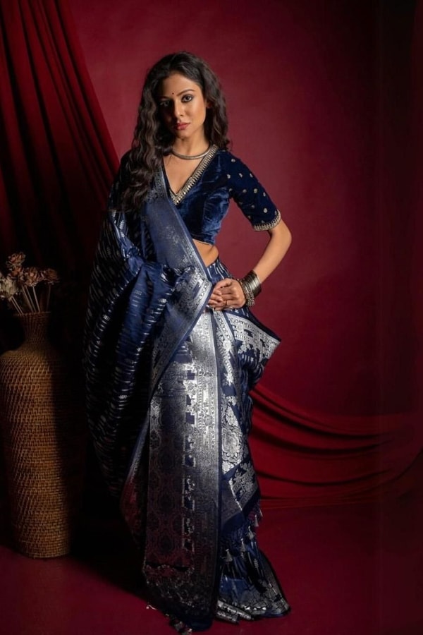 Navy Blue Banarasi Soft Silk Saree with Silver Zari Figurative Weave and Shimmering Pallu  in Surat