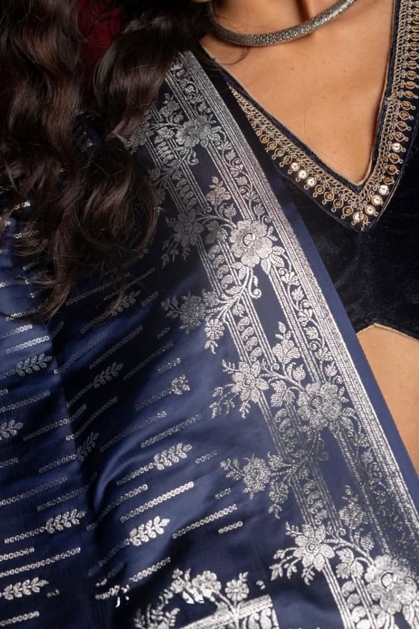 Navy Blue Banarasi Soft Silk Saree with Silver Zari Figurative Weave and Shimmering Pallu  in Surat