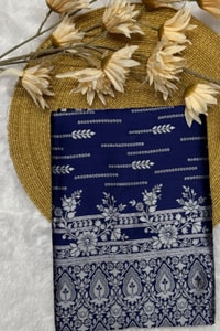 Navy Blue Banarasi Soft Silk Saree with Silver Zari Figurative Weave and Shimmering Pallu  in Surat