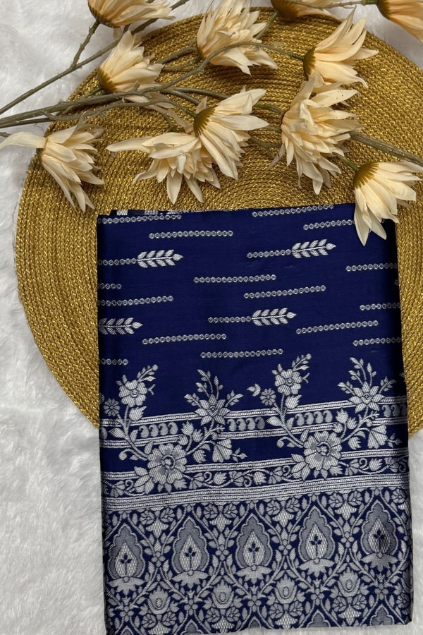 Navy Blue Banarasi Soft Silk Saree with Silver Zari Figurative Weave and Shimmering Pallu  in Surat