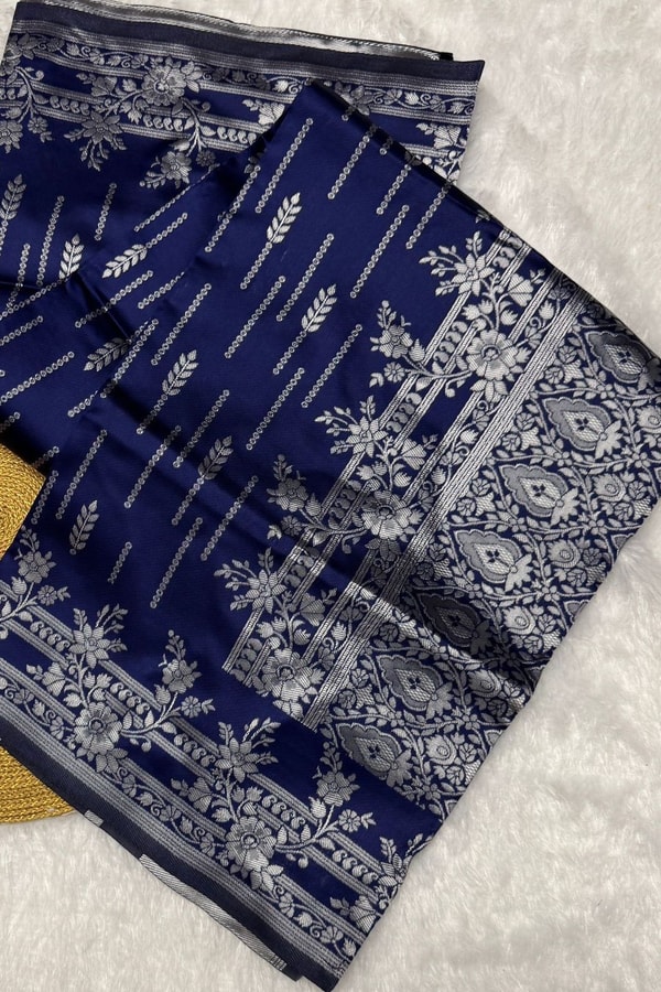 Navy Blue Banarasi Soft Silk Saree with Silver Zari Figurative Weave and Shimmering Pallu  in Surat