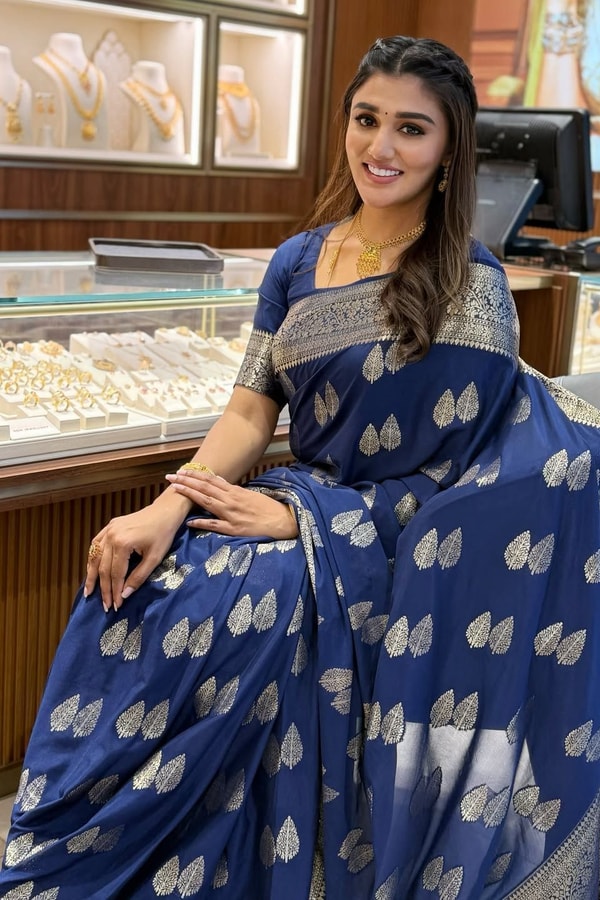 Navy Blue Banarasi Soft Silk Saree with Silver Zari Leaf Buttas and Silver-Grey Woven Pallu  in Surat