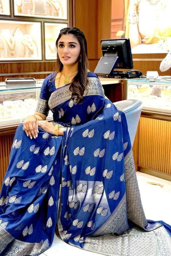 Navy Blue Banarasi Soft Silk Saree with Silver Zari Leaf Buttas and Silver-Grey Woven Pallu  in Surat