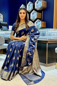 Navy Blue Banarasi Soft Silk Saree with Silver Zari Leaf Buttas and Silver-Grey Woven Pallu  in Surat