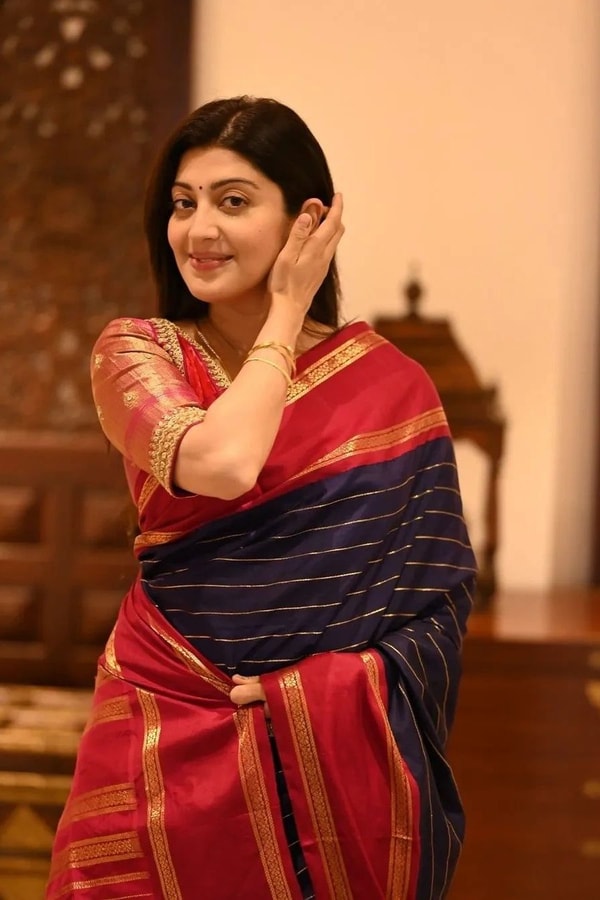 Navy Blue Striped Banarasi Soft Silk Saree with Red Zari Border and Contrast Red Pallu  in Surat