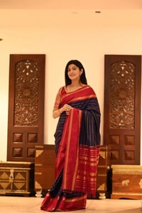 Navy Blue Striped Banarasi Soft Silk Saree with Red Zari Border and Contrast Red Pallu  in Surat