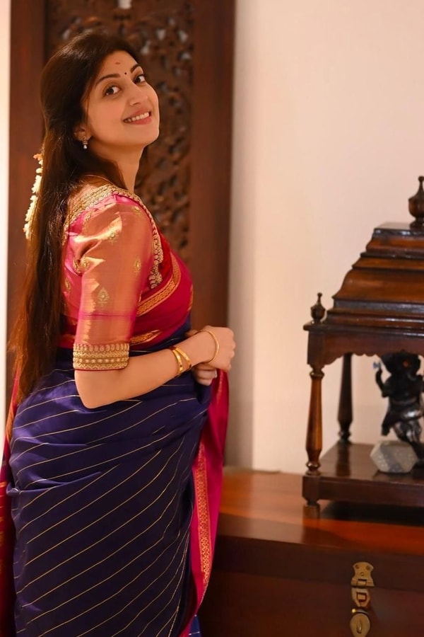 Navy Blue Striped Banarasi Soft Silk Saree with Red Zari Border and Contrast Red Pallu  in Surat