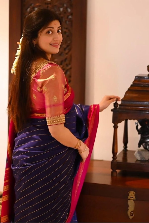 Navy Blue Striped Banarasi Soft Silk Saree with Red Zari Border and Contrast Red Pallu  in Surat