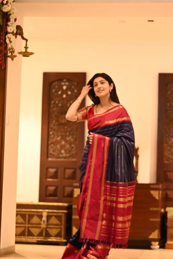 Navy Blue Striped Banarasi Soft Silk Saree with Red Zari Border and Contrast Red Pallu  in Surat
