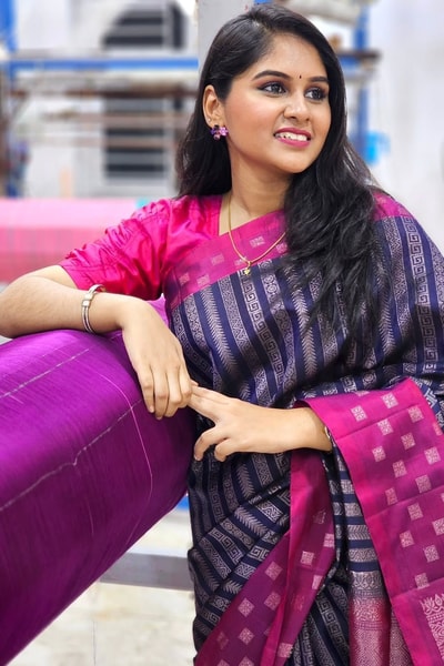 Navy Striped Banarasi Soft Silk Saree with Silver Zari and Magenta Pink Border and Pallu in Surat