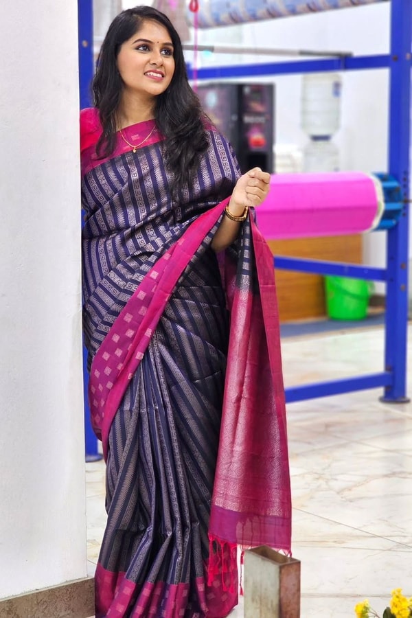 Navy Striped Banarasi Soft Silk Saree with Silver Zari and Magenta Pink Border and Pallu  in Surat
