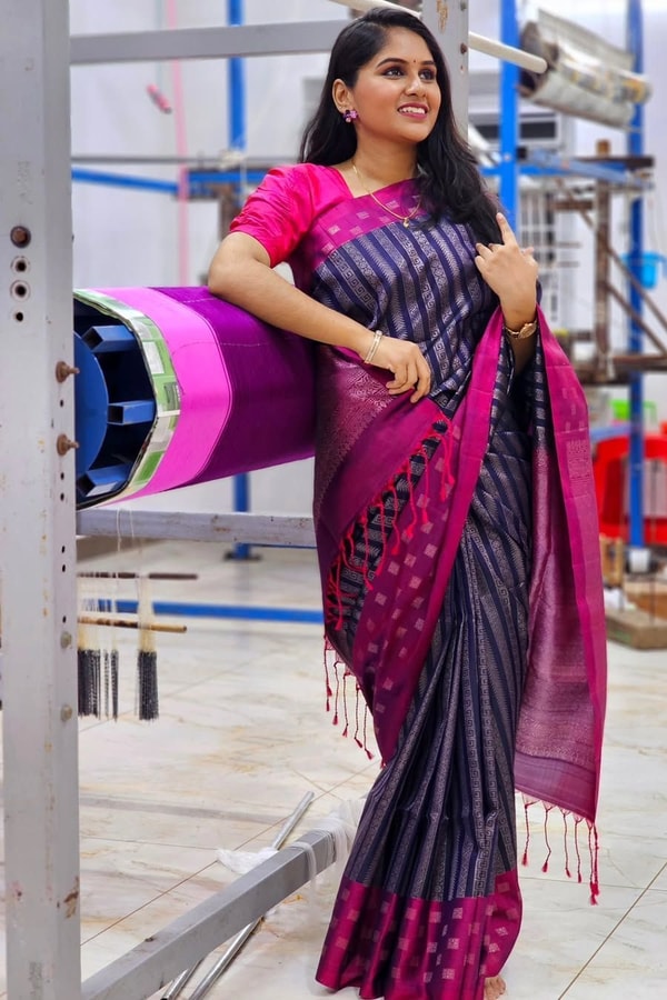 Navy Striped Banarasi Soft Silk Saree with Silver Zari and Magenta Pink Border and Pallu  in Surat