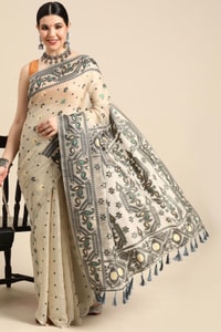 Off-White Banarasi Saree with Black Thread Woven Border, Geometric Pallu and Tassels  in Surat