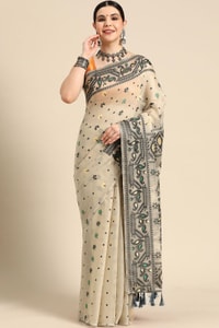 Off-White Banarasi Saree with Black Thread Woven Border, Geometric Pallu and Tassels  in Surat
