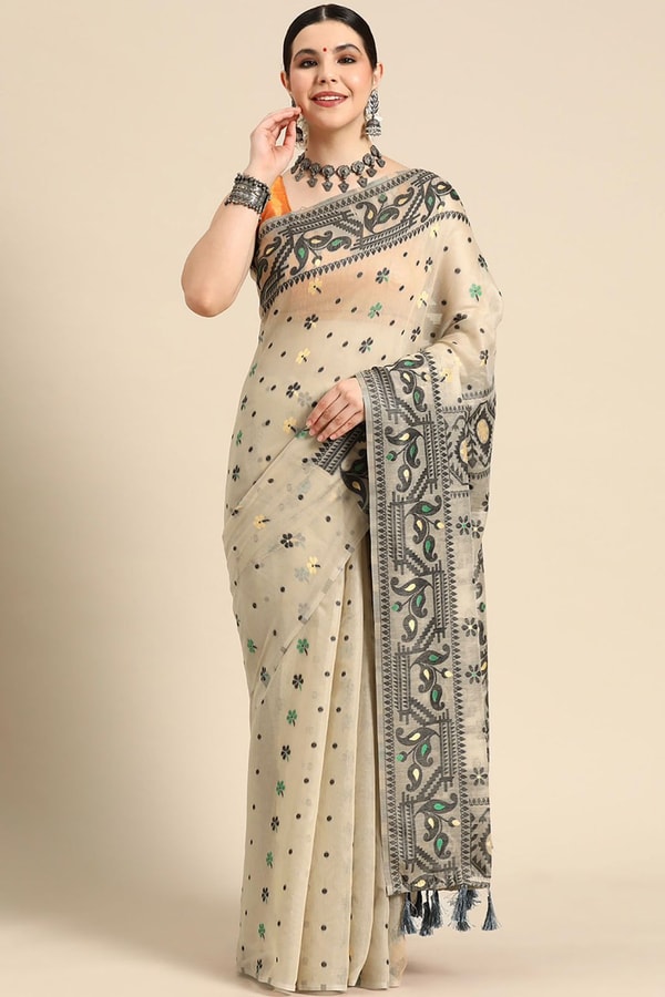 Off-White Banarasi Saree with Black Thread Woven Border, Geometric Pallu and Tassels  in Surat