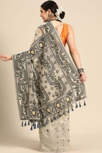Off-White Banarasi Saree with Black Thread Woven Border, Geometric Pallu and Tassels  in Surat