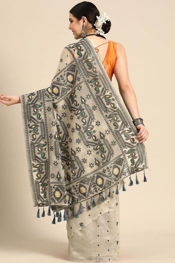 Off-White Banarasi Saree with Black Thread Woven Border, Geometric Pallu and Tassels  in Surat