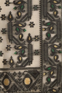 Off-White Banarasi Saree with Black Thread Woven Border, Geometric Pallu and Tassels  in Surat