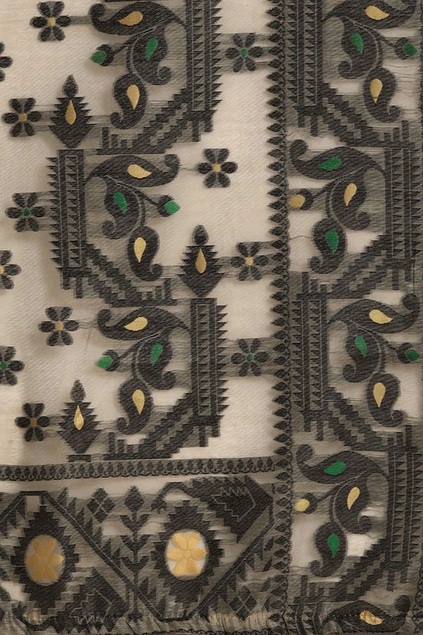 Off-White Banarasi Saree with Black Thread Woven Border, Geometric Pallu and Tassels  in Surat