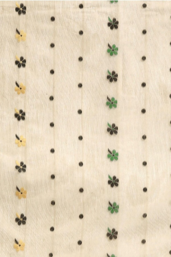 Off-White Banarasi Saree with Black Thread Woven Border, Geometric Pallu and Tassels  in Surat