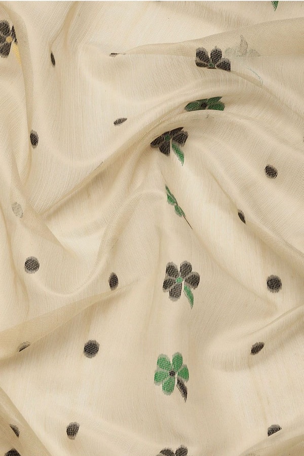 Off-White Banarasi Saree with Black Thread Woven Border, Geometric Pallu and Tassels  in Surat