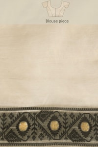 Off-White Banarasi Saree with Black Thread Woven Border, Geometric Pallu and Tassels  in Surat