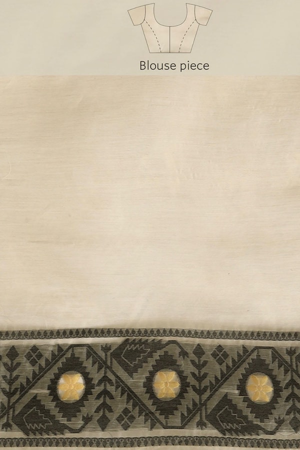 Off-White Banarasi Saree with Black Thread Woven Border, Geometric Pallu and Tassels  in Surat