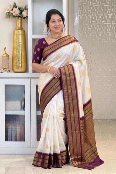 Off-White Banarasi Soft Silk Saree with Gold Buttas and Contrast Magenta Striped Border in Surat
