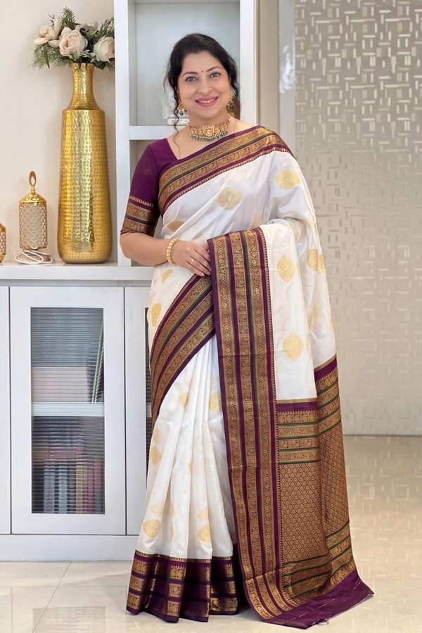 Off-White Banarasi Soft Silk Saree with Gold Buttas and Contrast Magenta Striped Border  in Surat