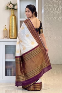 Off-White Banarasi Soft Silk Saree with Gold Buttas and Contrast Magenta Striped Border  in Surat