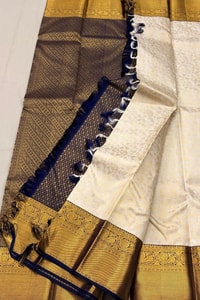 Off-White Banarasi Soft Silk Saree with Heavy Gold Zari Border and Navy Blue Edging  in Surat