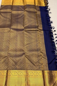 Off-White Banarasi Soft Silk Saree with Heavy Gold Zari Border and Navy Blue Edging  in Surat