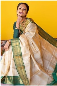 Off-White Banarasi Soft Silk Saree with Lime Green Zari Pallu and Kanjivaram-Style Border  in Surat