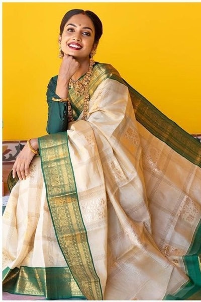 Off-White Banarasi Soft Silk Saree with Lime Green Zari Pallu and Kanjivaram-Style Border in Surat